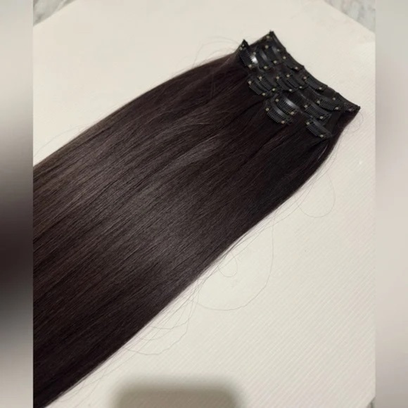 Human Hair Blend Clip-In Extensions | Long Straight Silky Hair | Dark Brown #3 - Picture 12 of 12